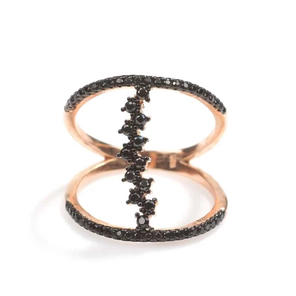 925 Ayar Gümüş Rose Renkli Siyah Taşlı Tasarım Yüzük - Resim 4