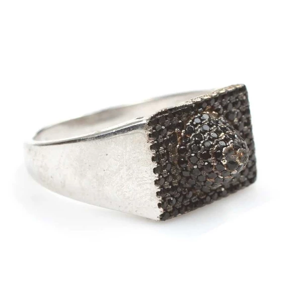 925 Ayar Gümüş Siyah Taşlı Şapka Tasarım Yüzük - Resim 3