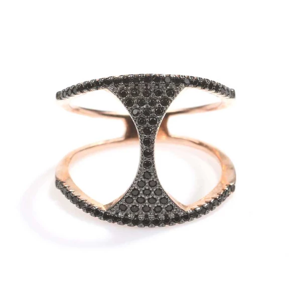 925 Ayar Rose Gümüş Siyah Taşlı Yüzük - Resim 5