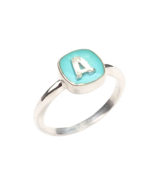925 Ayar Gümüş Turkuaz Mineli Harfli Yüzük - Resim 5