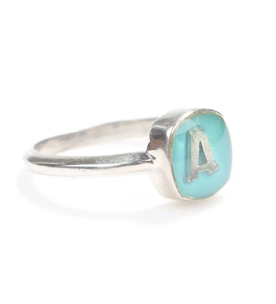 925 Ayar Gümüş Turkuaz Mineli Harfli Yüzük - Resim 4