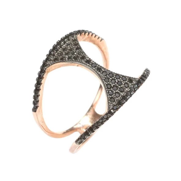 925 Ayar Rose Gümüş Siyah Taşlı Yüzük - Resim 3