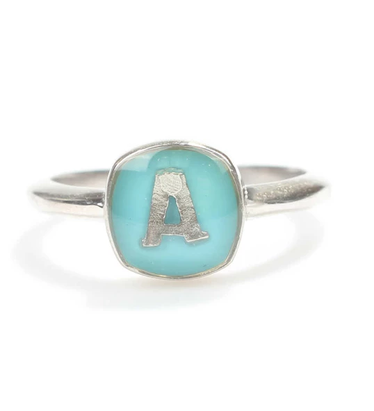 925 Ayar Gümüş Turkuaz Mineli Harfli Yüzük - Resim 2
