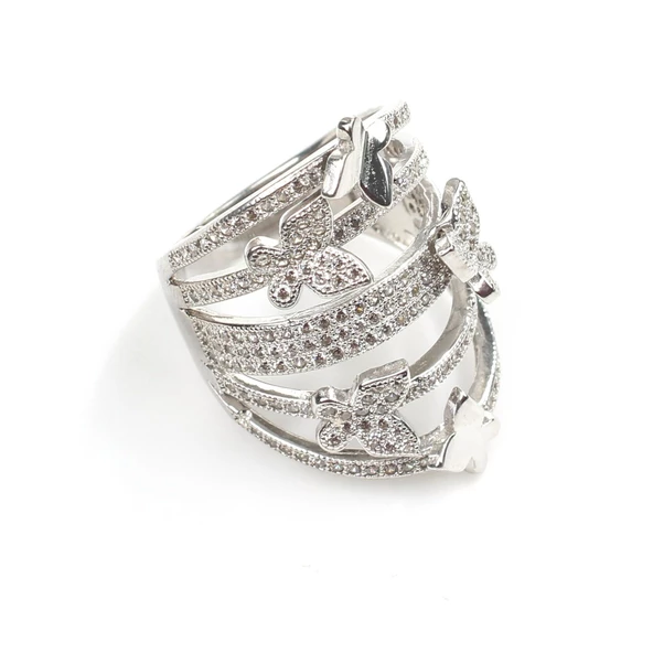 925 Ayar Gümüş Beyaz Renk Zirkon Taşlı Kelebek Model Yüzük - Resim 5