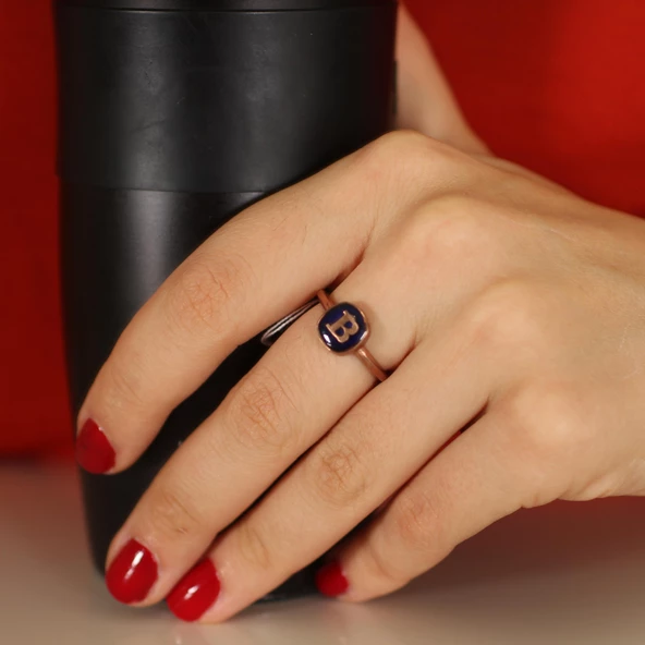 925 Ayar Gümüş Lacivert Mineli Harfli Yüzük ürün görseli 1