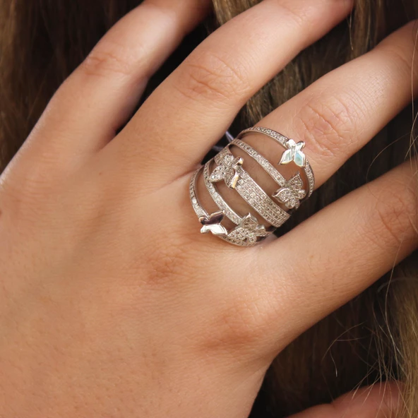 925 Ayar Gümüş Beyaz Renk Zirkon Taşlı Kelebek Model Yüzük ürün görseli 1