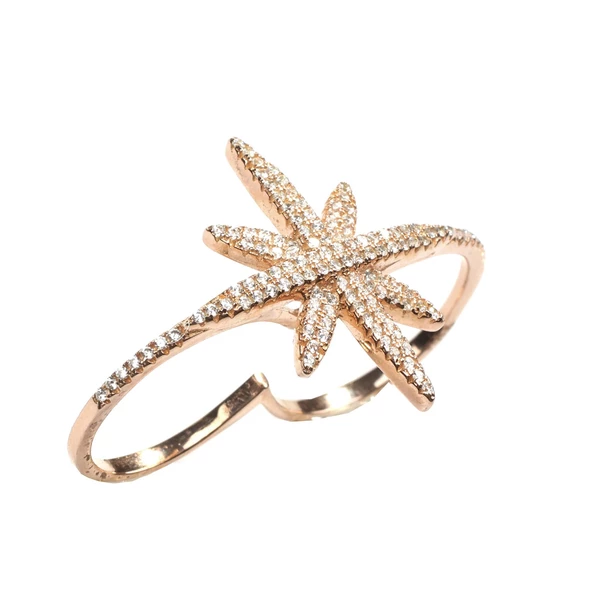 925 Ayar Gümüş Çift Parmak Kuzey Yıldızı Tasarım Yüzük - Resim 6