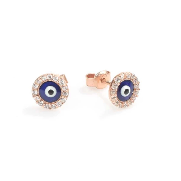 925 Ayar Gümüş Nazar Boncuklu Lacivert Mineli Yuvarlak Küpe, Beyaz Taşlı - Resim 3