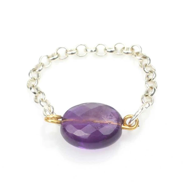 925 Ayar Gümüş Oval Ortası Delikli Ametist Taşlı Yüzük ürün görseli