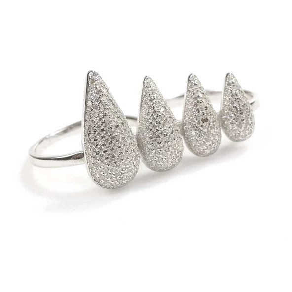 925 Ayar Gümüş Dörtlü Damla Çift Parmak Yüzük - Resim 2