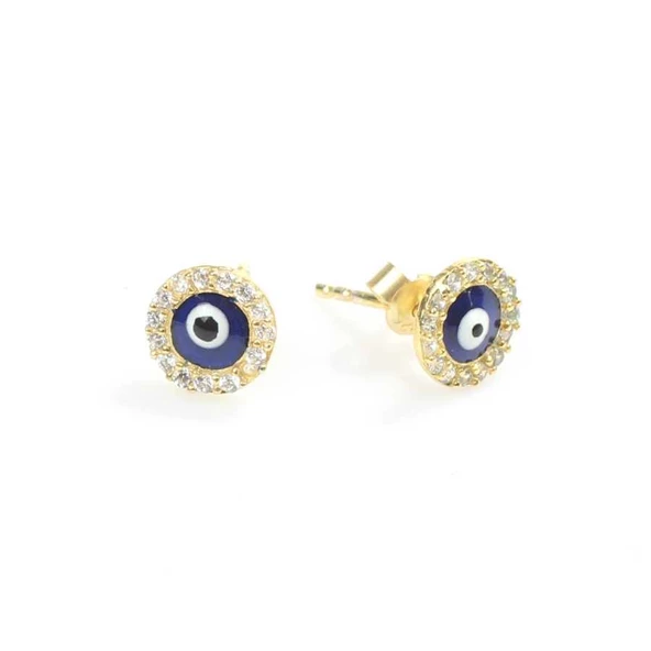 925 Ayar Gümüş Nazar Boncuklu Lacivert Mineli Yuvarlak Küpe, Beyaz Taşlı - Resim 4
