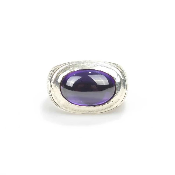 925 Ayar Gümüş Oval Ametist Taşlı Erkek Yüzük - Resim 3