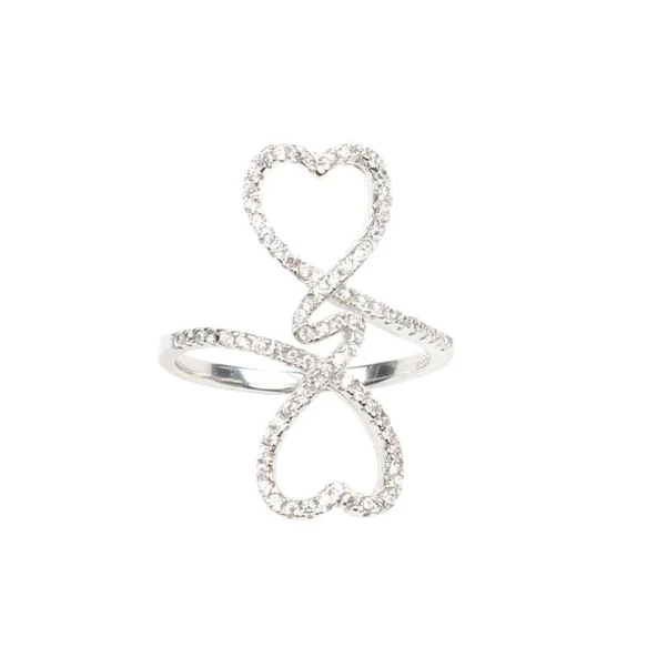 925 Ayar Gümüş Beyaz Taşlı Çiftli Kalp Yüzük - Resim 3