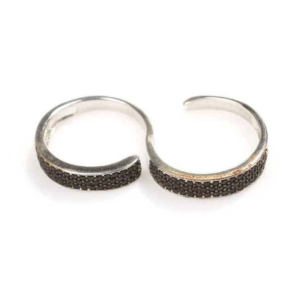 925 Ayar Gümüş Çift Parmak Siyah Taşlı Yüzük - Resim 3