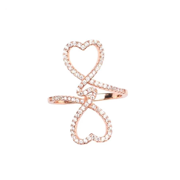 925 Ayar Gümüş Beyaz Taşlı Çiftli Kalp Yüzük - Resim 2