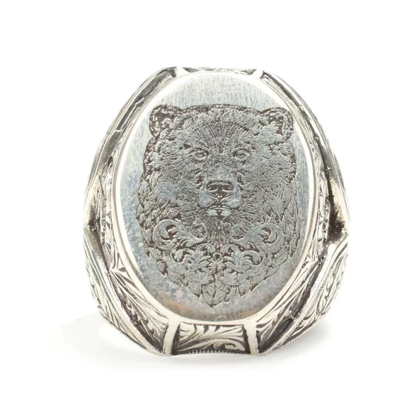 925 Ayar Gümüş Ayı Motifli Erkek Yüzük - Resim 2