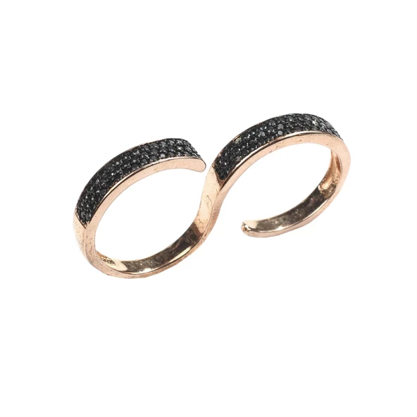 925 Ayar Gümüş Çift Parmak Siyah Taşlı Yüzük - Resim 5