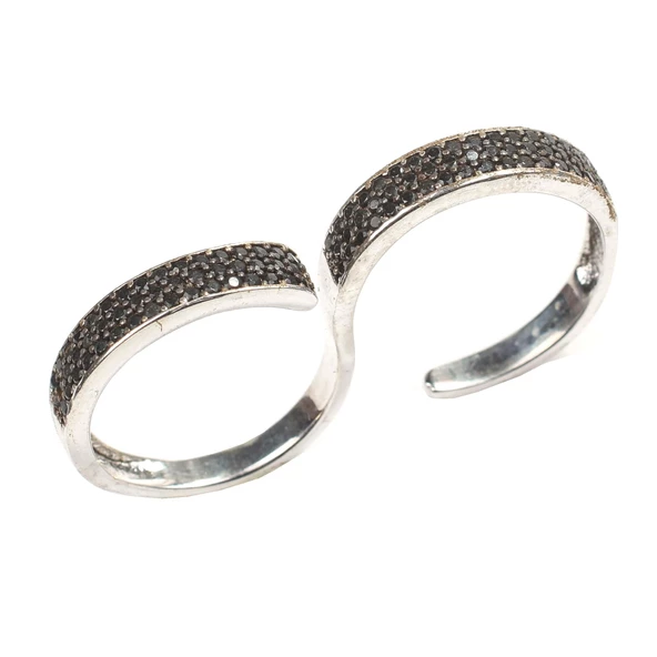 925 Ayar Gümüş Çift Parmak Siyah Taşlı Yüzük - Resim 9