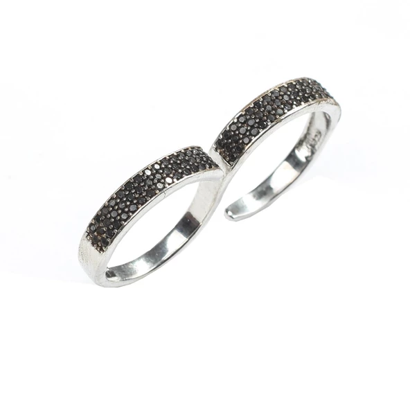 925 Ayar Gümüş Çift Parmak Siyah Taşlı Yüzük - Resim 11