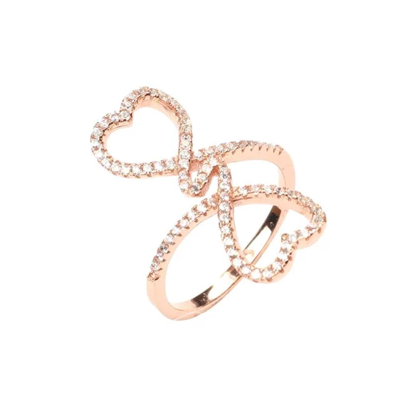 925 Ayar Gümüş Beyaz Taşlı Çiftli Kalp Yüzük ürün görseli