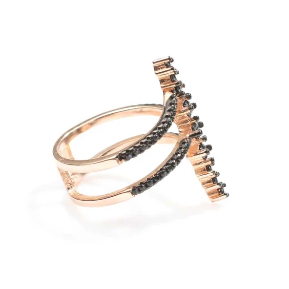 925 Ayar Gümüş Rose Renkli  Siyah Taşlı Tasarım Yüzük - Resim 6