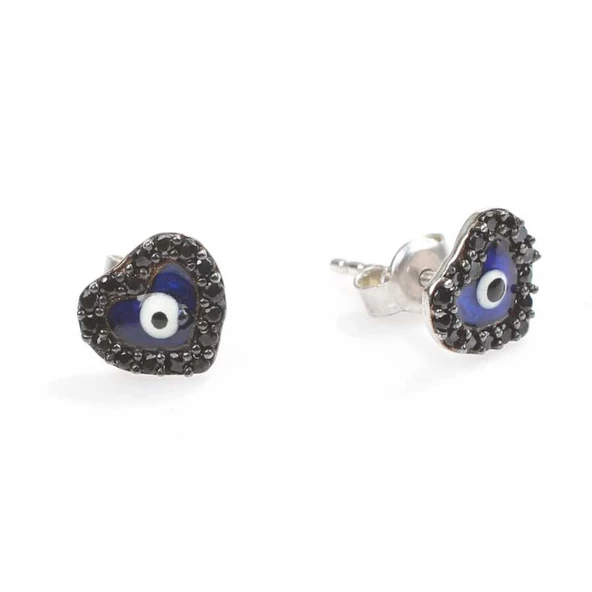 925 Ayar Gümüş Nazar Boncuklu Lacivert Mineli Kalp Küpe, Siyah Taşlı - Resim 2