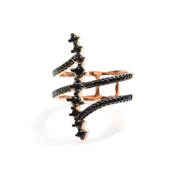 925 Ayar Gümüş Rose Renkli  Siyah Taşlı Tasarım Yüzük - Resim 2