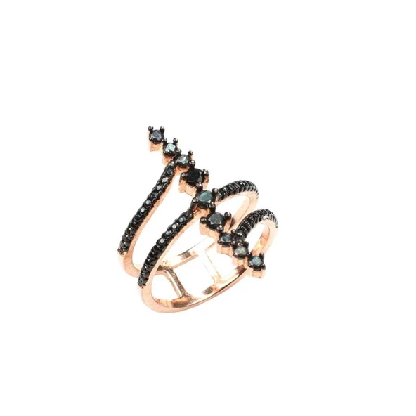 925 Ayar Gümüş Rose Renkli  Siyah Taşlı Tasarım Yüzük - Resim 4