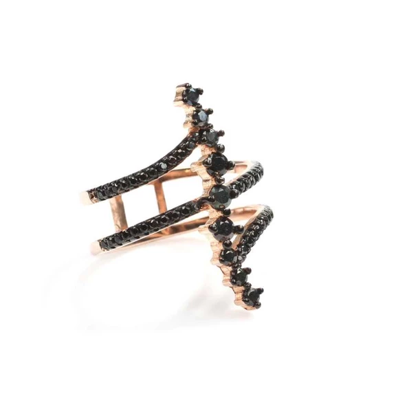 925 Ayar Gümüş Rose Renkli  Siyah Taşlı Tasarım Yüzük - Resim 5