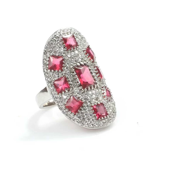 925 Ayar Gümüş Beyaz Renk Beyaz Üstü Yakut Taşlı Yüzük - 4