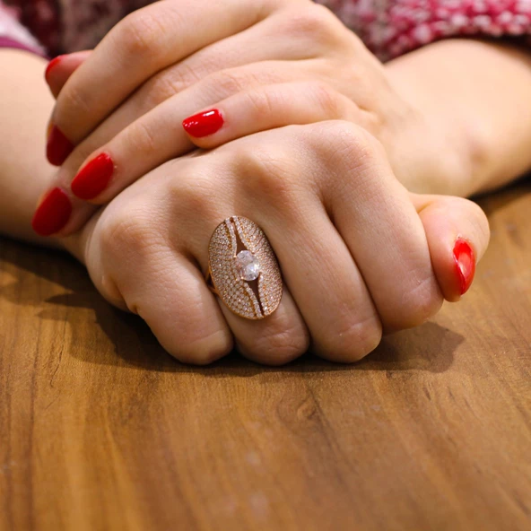 925 Ayar Gümüş Pembe Renk, Oval Tasarım Yüzük ürün görseli 1