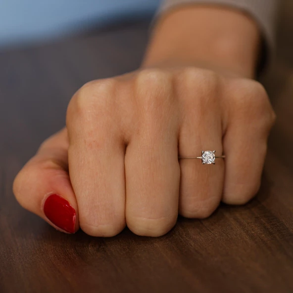 925 Ayar Gümüş 0,50 ct Görünümlü Tektaş Yüzük - Resim 5