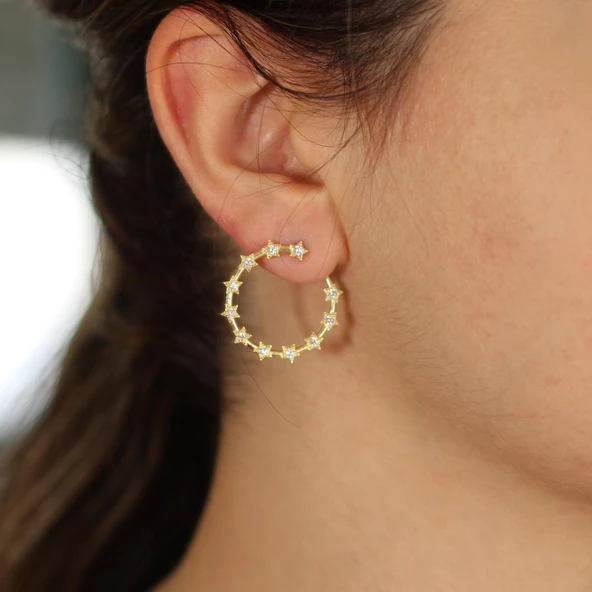 925 Ayar Gümüş Yıldızlı Taşlı Halka Küpe ürün görseli 1