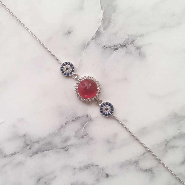 925 Ayar Gümüş Kırmızı Taşlı & Nazar Boncuklu Bileklik ürün görseli 1