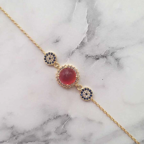 925 Ayar Gümüş Kırmızı Taşlı & Nazar Boncuklu Bileklik - Resim 2