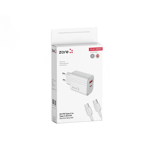 Qualcomm 3.0 Teknolojisi 20W Type-C to Type-C 2in1 PD Şarj Seti Her İki Ucu Type-C Şarj Cihazı - 6