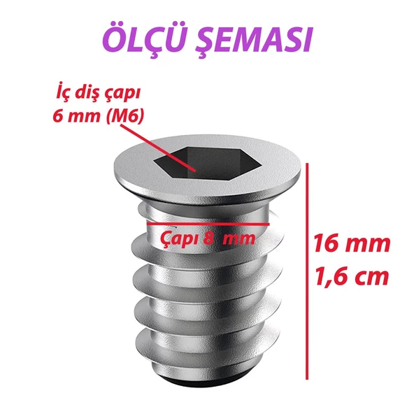 Metal Düz Dişli Dübel Ahşap Dübeli M6 8x16 Diş Çinko Mobilya Bağlantı Ünite Birleştirme (50 ADET) - 3