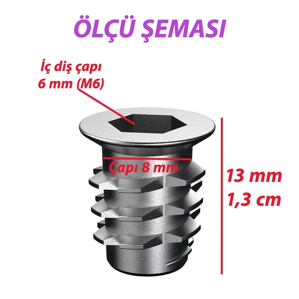 Metal Euro Dişli Dübel Ahşap Dübeli M6 8x13 Diş Çinko Mobilya Bağlantı Ünite Birleştirme (50 ADET) - 3