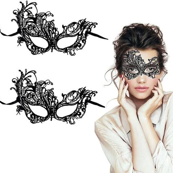 Siyah Renk Dantel Kesim Dantel İşlemeli Balo Parti Maskesi 1 No - Resim 2