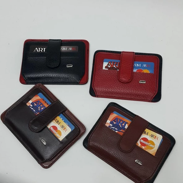 Siyah-Taba-Kahve-Kırmızı Çift Renkte Yatay Model Hakiki Deri Çıtçıtlı Tasarımlı Kartlık - 6