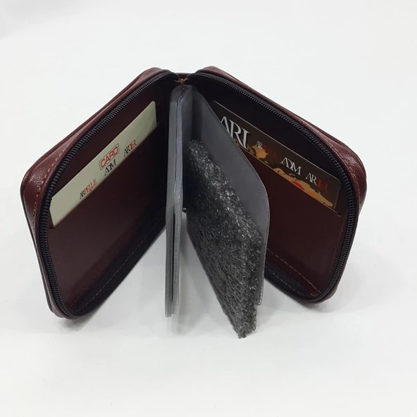 Siyah-Taba-Kahve Renkte Yatay Model Hakiki Deri Fermuar Tasarımlı Kartlık - 6