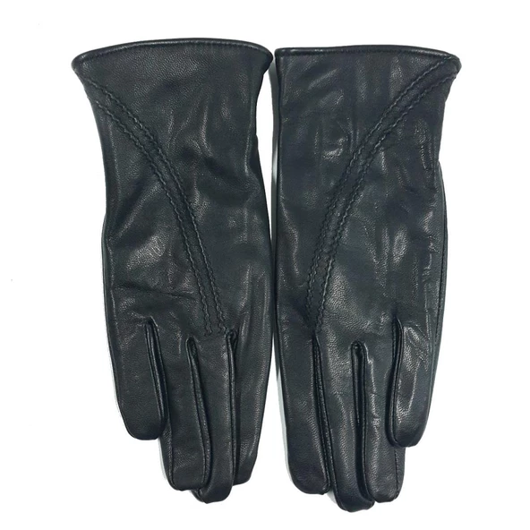 Siyah Renk Çift Dikişli Bayan Polarlı Deri Eldiven - 11