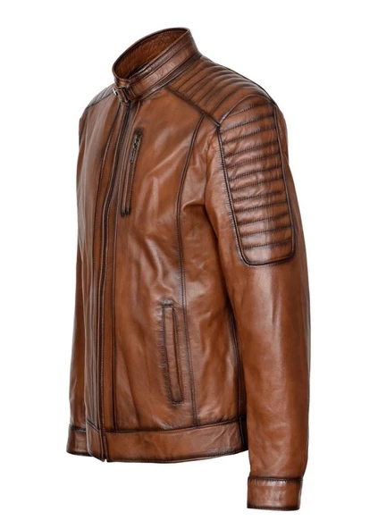 Kolu Dikişli Taba Renk Spor Deri Mont - 2