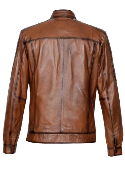 Kolu Dikişli Taba Renk Spor Deri Mont - 3