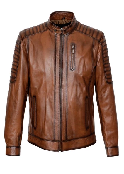 Kolu Dikişli Taba Renk Spor Deri Mont - 7