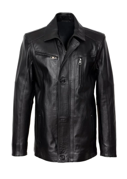 Klasik Model İç Cepli Siyah Renk Erkek Deri Mont - Resim 8