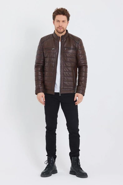 Şişme Model İç Cepli Fındık Renk Erkek Deri Mont - 10