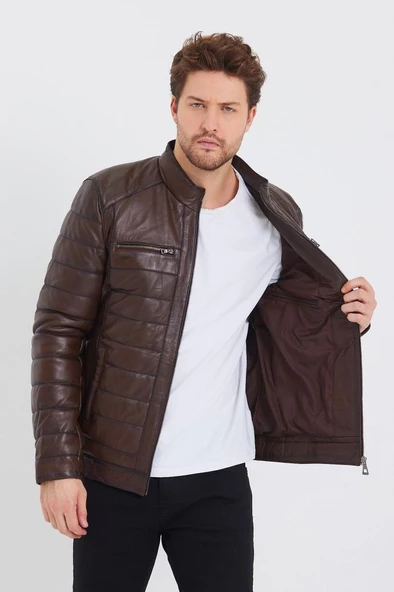 Şişme Model İç Cepli Fındık Renk Erkek Deri Mont - 9