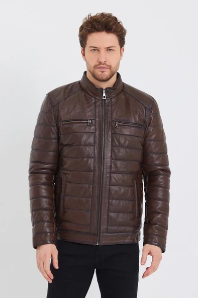 Şişme Model İç Cepli Fındık Renk Erkek Deri Mont - 8