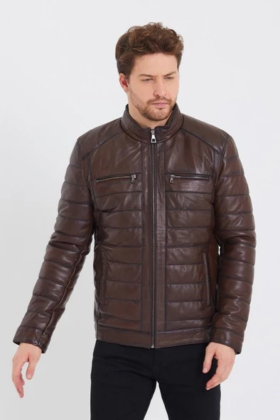 Şişme Model İç Cepli Fındık Renk Erkek Deri Mont - 11